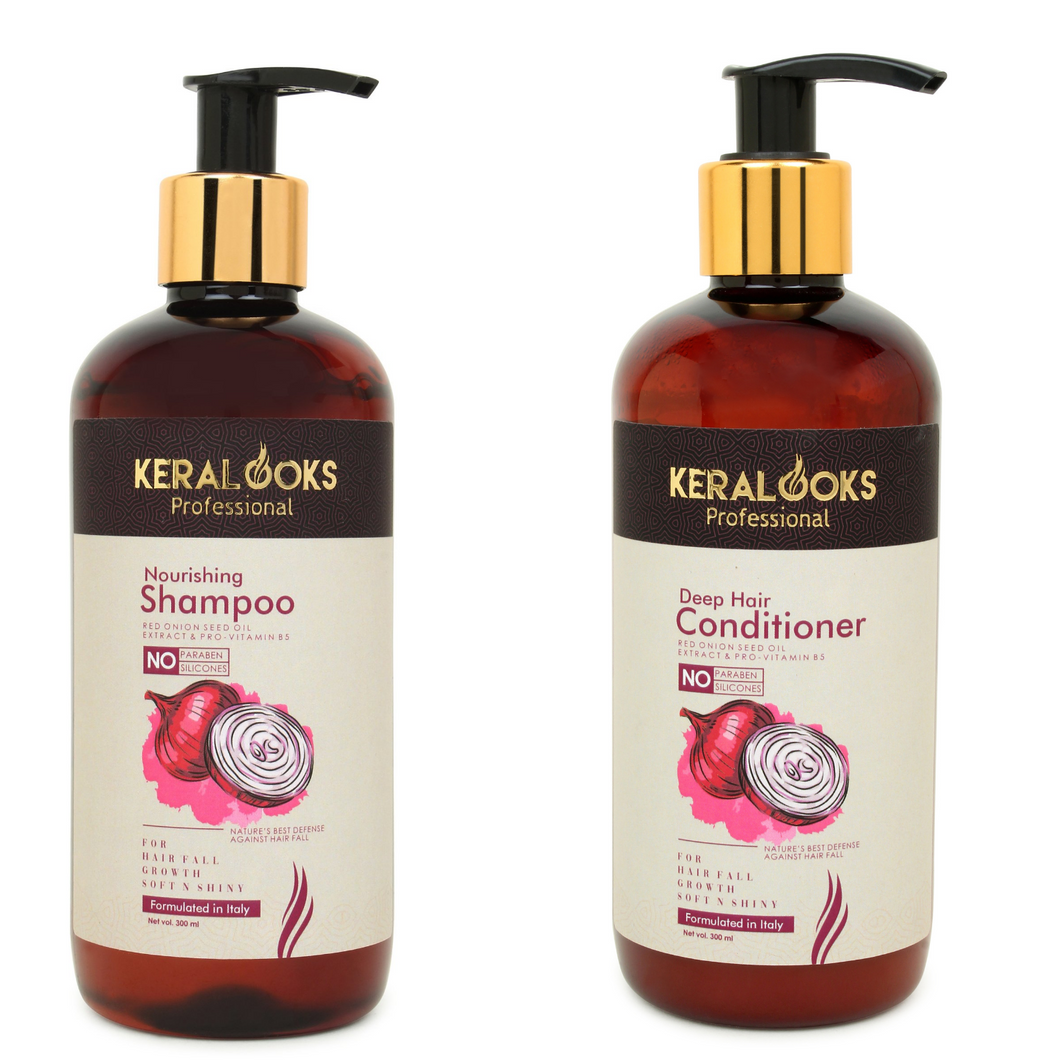 Keralooks professional® Red Onion seed oil shampoo & conditioner for hairfall and frizzyness control (300ml each)